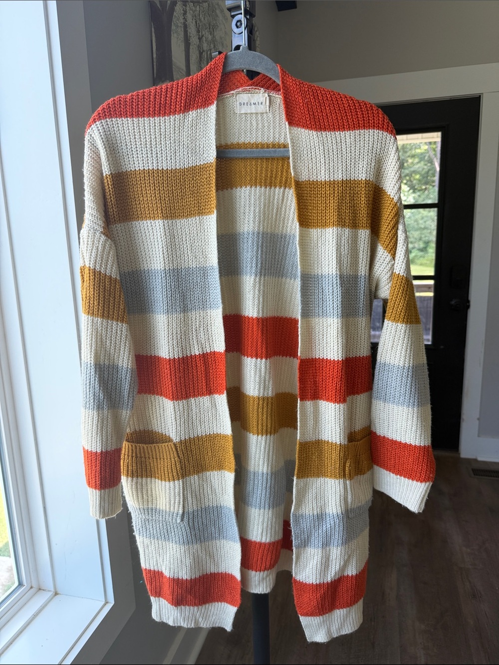 Dreamers Open-Front Striped Cardigan in Cream, Rust & Mustard